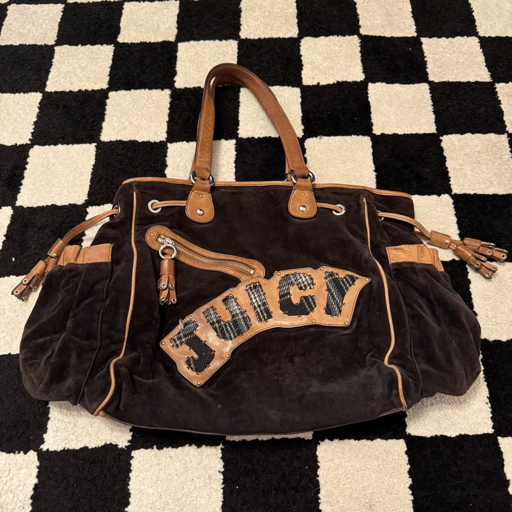 Vintage Juicy Couture Brown Velour Plaid Logo Tote Bag w/ Tan Leather Trim